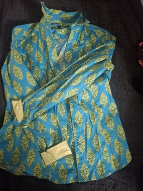 metrostyle Teal and Yellow Patterned Women's Blouse